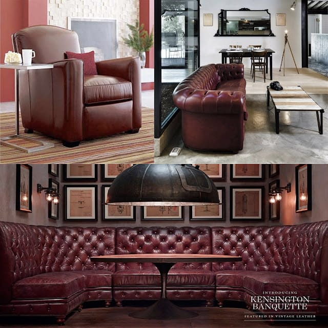 Maroon leather chairs and sofa in interior settings