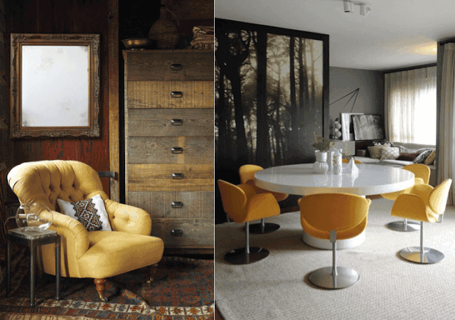 Yellow leather chairs in rustic and contemporary interiors
