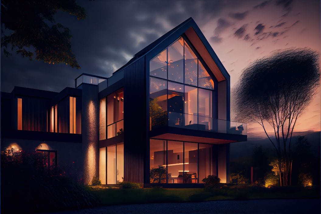 Modern architectural villa illuminated at dusk