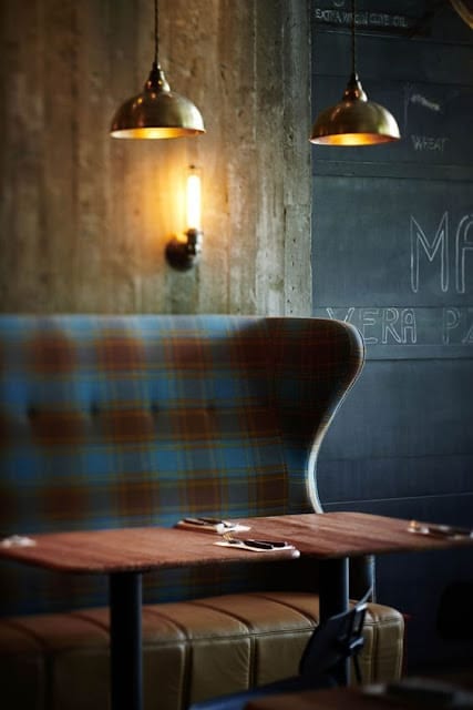 Restaurant chair with leather seat and fabric back