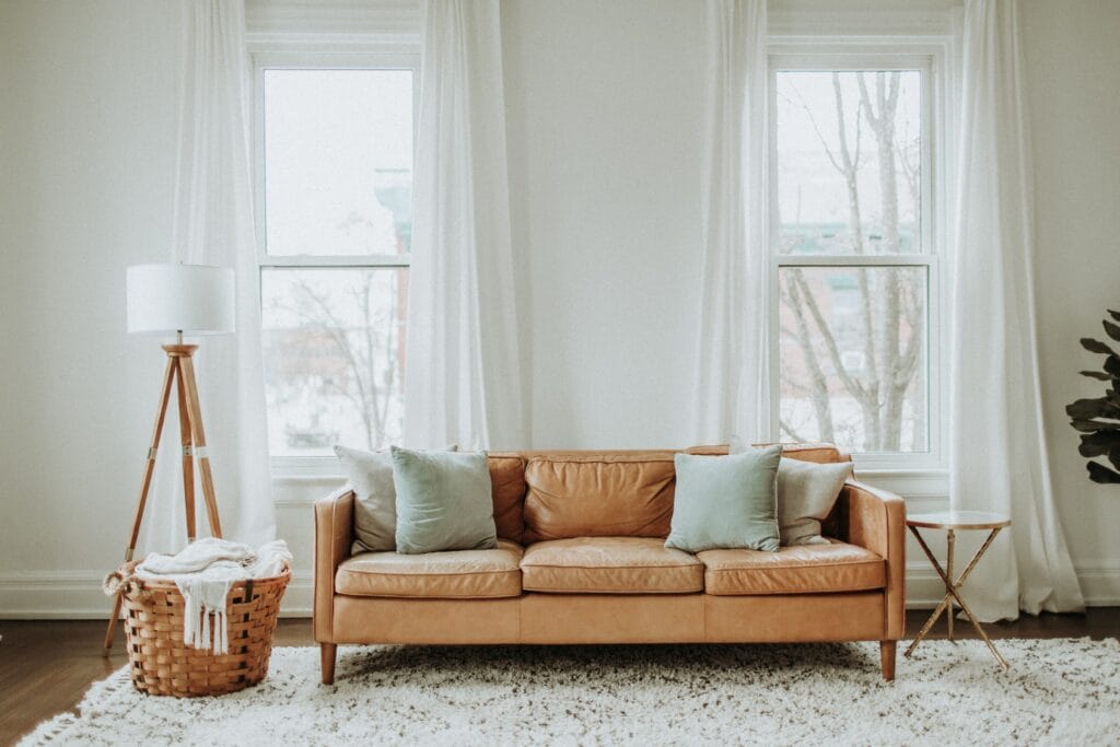 Leather sofa in a bright living room