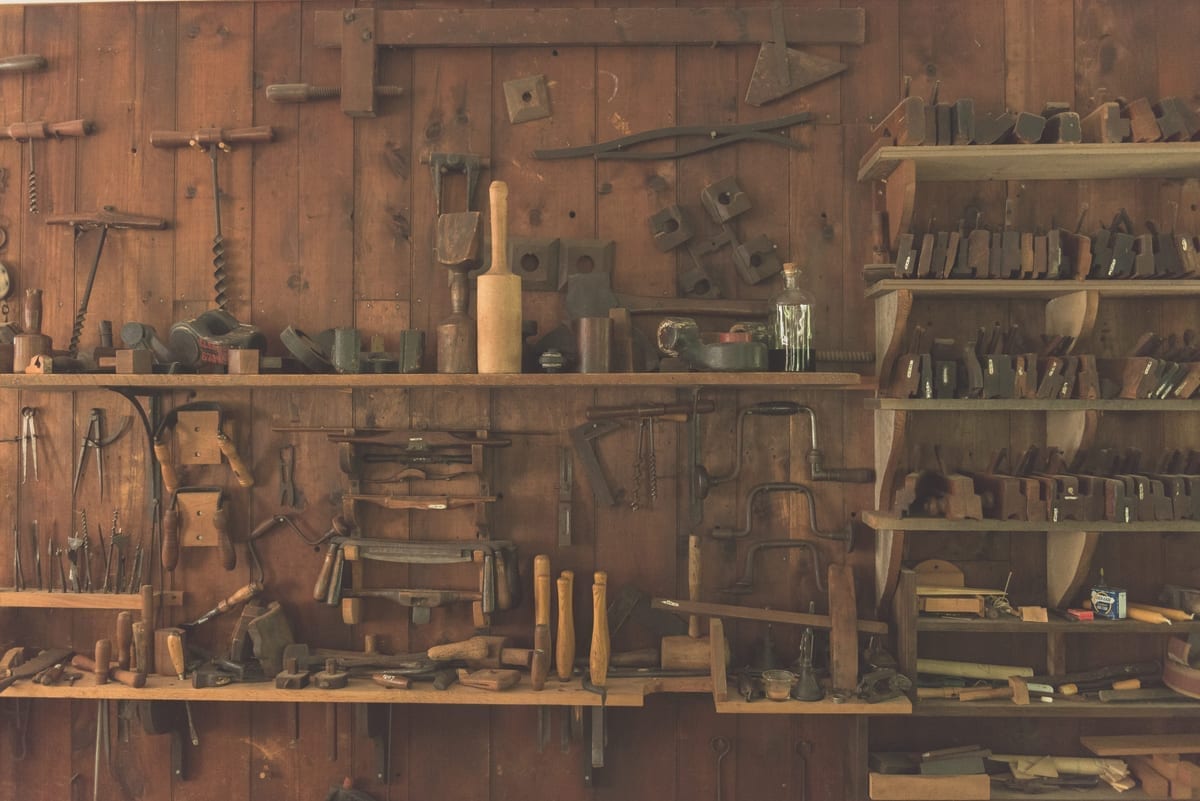 Traditional tools arranged in a craft workshop