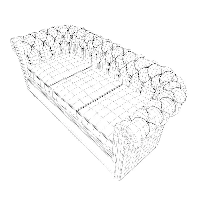 Three-dimensional wireframe drawing of a tufted sofa