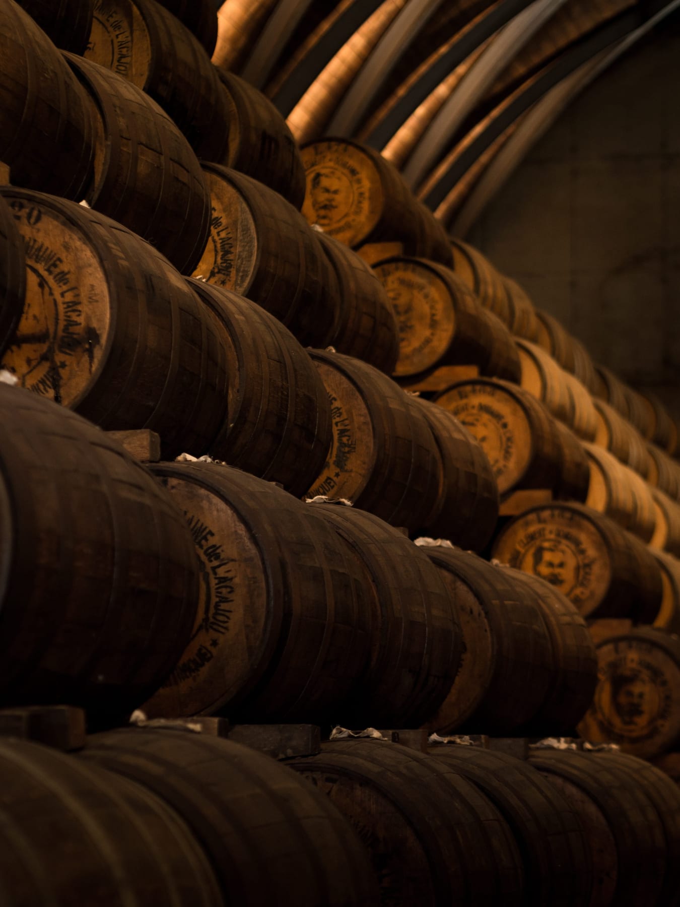 Rows of aged wooden barrels