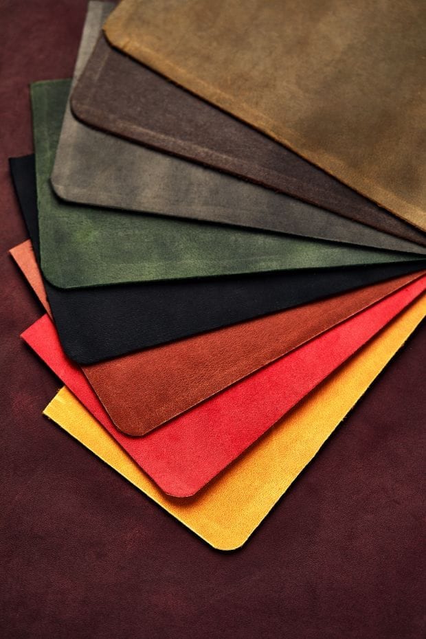 A palette of multicoloured material samples
