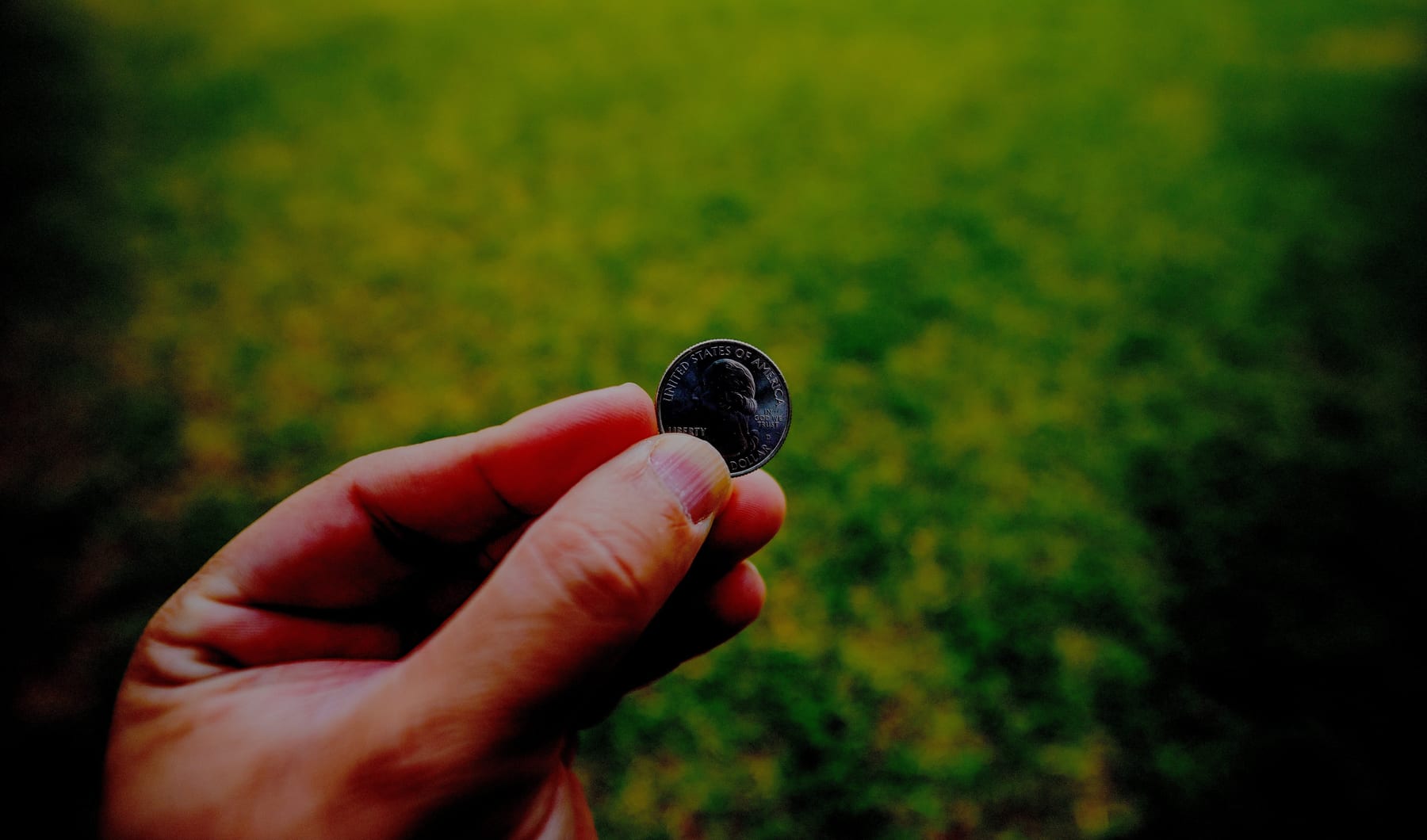 A hand holding a coin against a green landscape